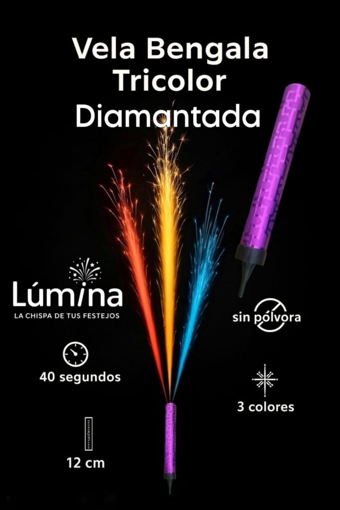 Vela Bengala Tricolor Diamantada (12 cm) – 3 colores – 40 s